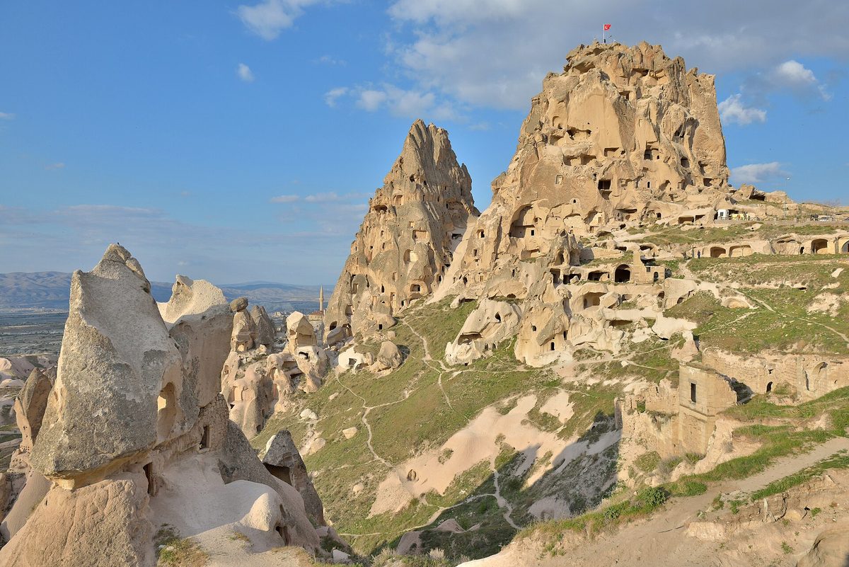 Uçhisar Castle, a rock outcrop honeycombed with carved chambers